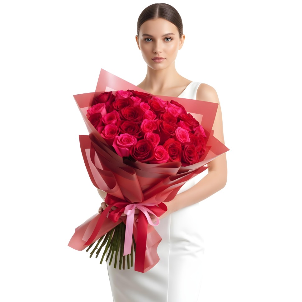 30 Red & Hot Pink Roses Hand-Tied Bouquet