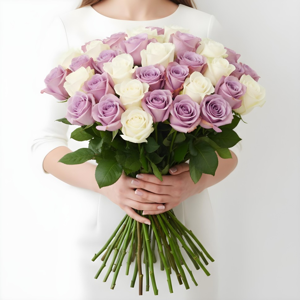 White & Purple Roses Bouquet (12–48 Stems)