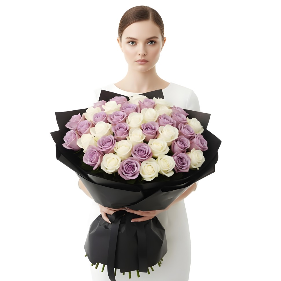 White & Purple Roses Bouquet (12–48 Stems)