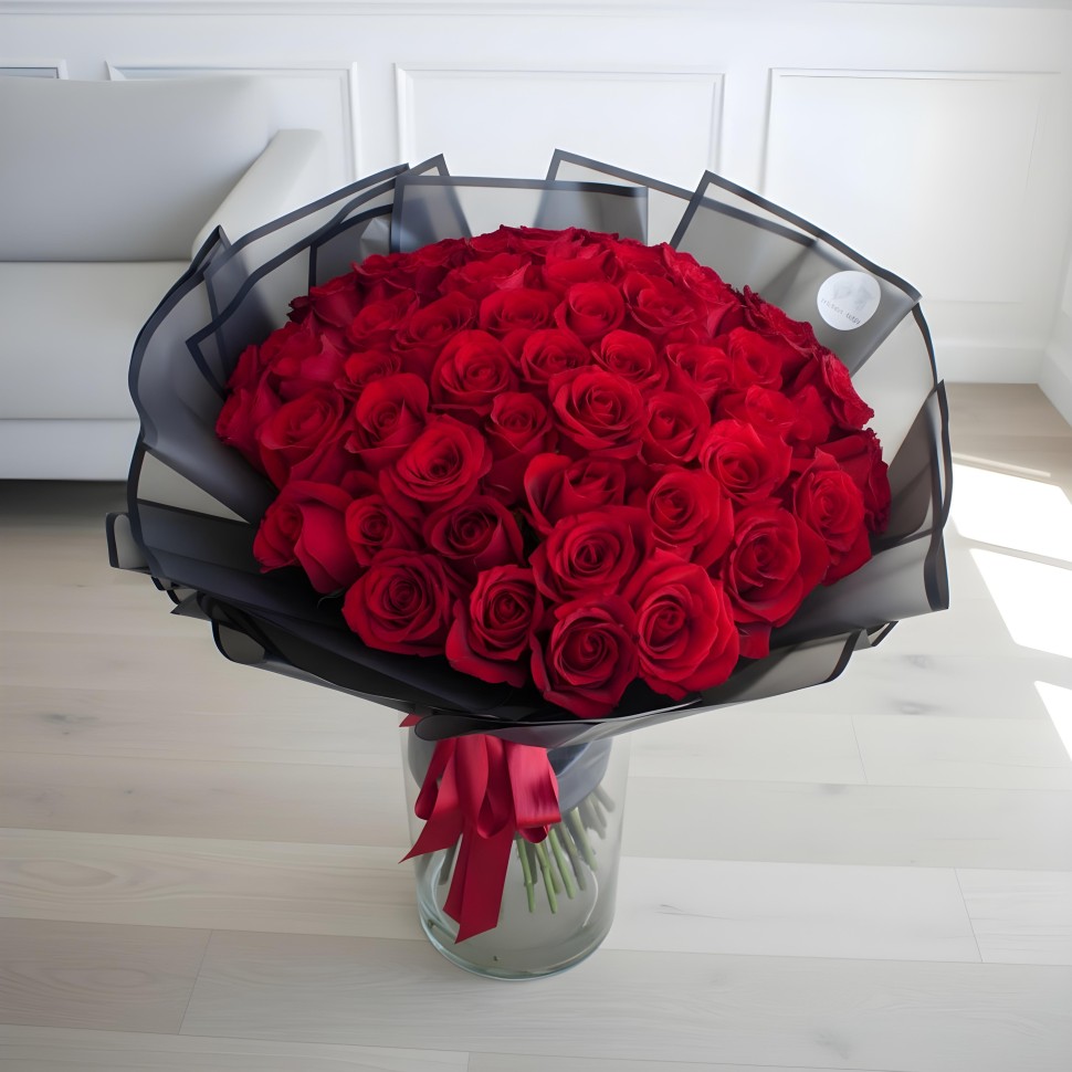 Luxury 50 Long Stem Red Roses Hand-Tied Bouquet in Black Paper