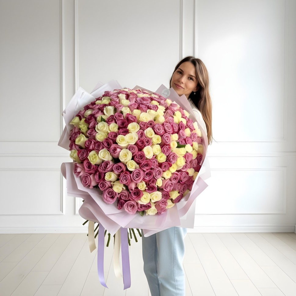 200 White and Purple Roses Hand Tied Bouquet