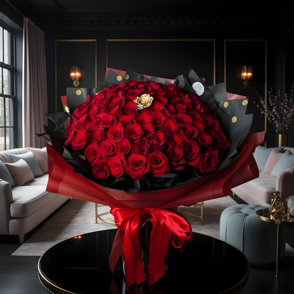 100 Red Roses With 1 Gold Rose In The Middle Hand-Tied Bouquet