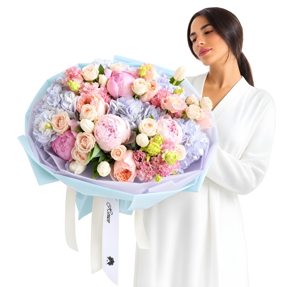 Blushing Garden Hand-Tied Bouquet– Hydrangeas, Garden Roses,