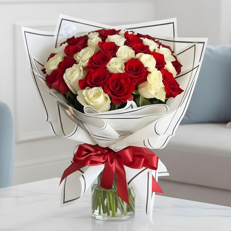 48 Red & White Roses Hand Tied Bouquet