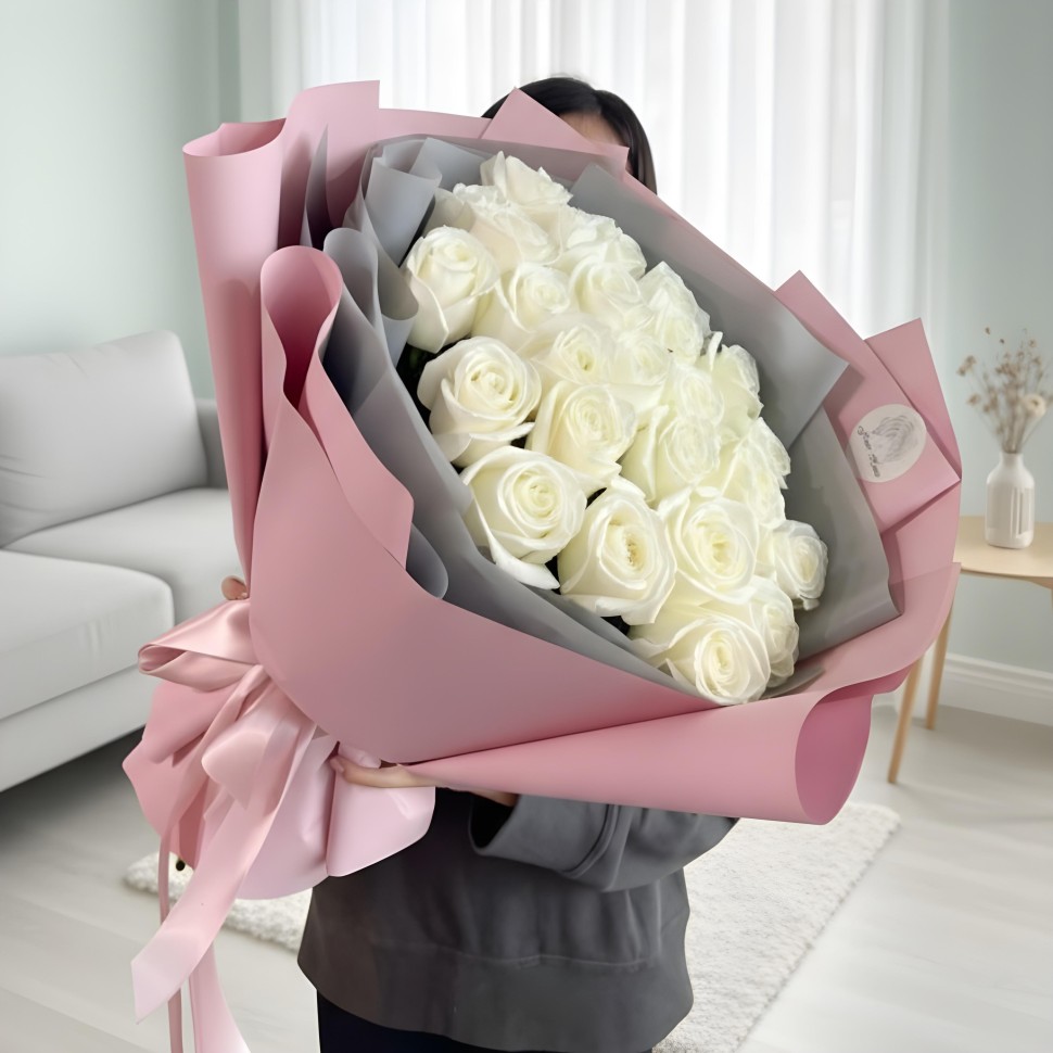 25 Fresh White Nova Roses Hand-Tied Bouquet