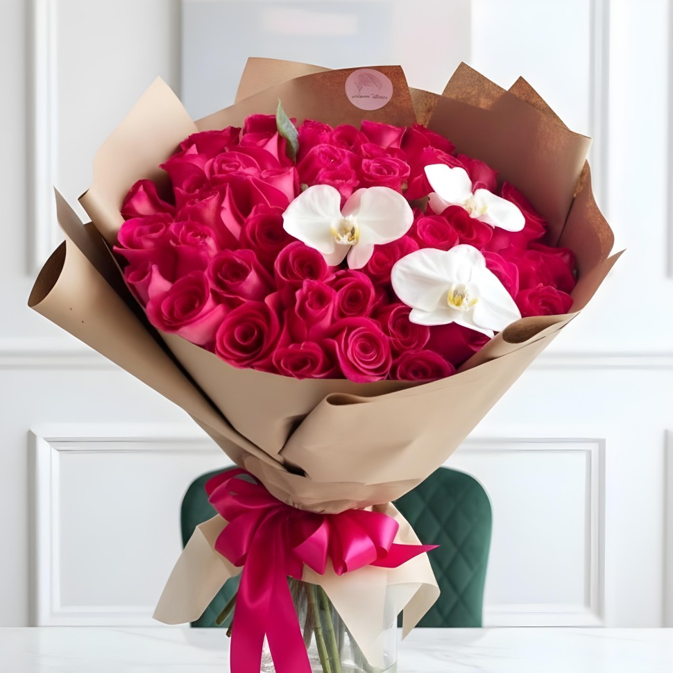 50 Roses & Orchids Hand Tied Flower Bouquet